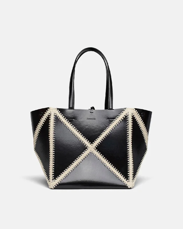 The Origami Tote - Patent Alt-Leather Crochet Tote - Black/Creme