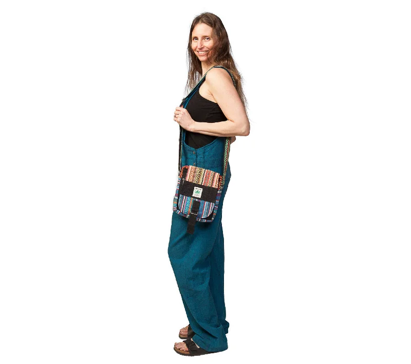 Black Buckle Crossbody Bag, Hippy Style Purse, Thin Adjustable Strap, Hemp/Cotton Blend