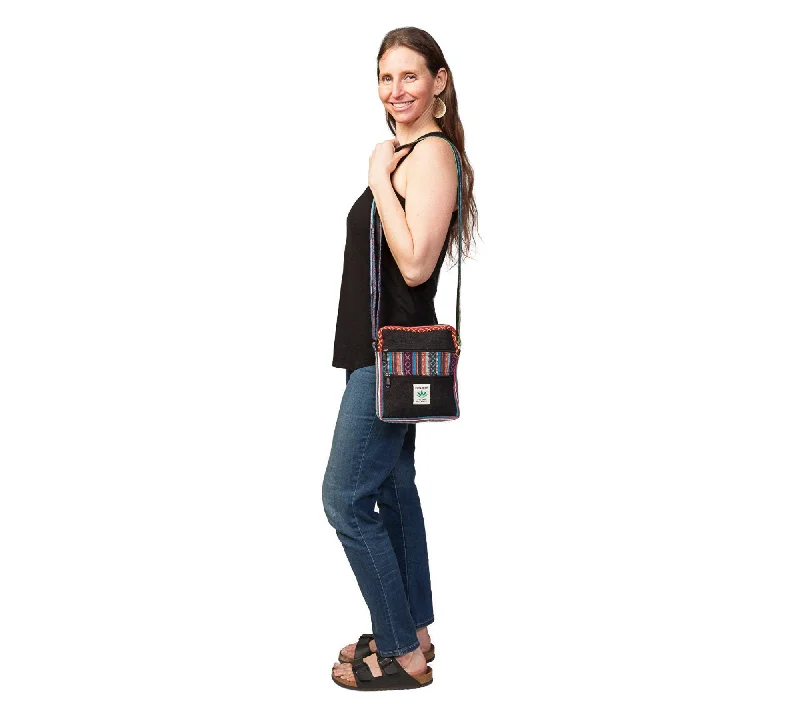 Black Shoulder Bag, Hemp/Cotton Blend, Multi-Colour Design, Zipper Closure