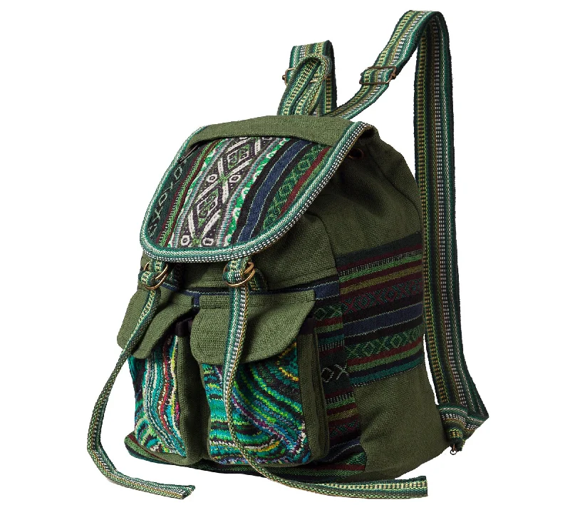 Green Cotton Knapsack, Front Pockets, Adjustable Straps, Great Gift