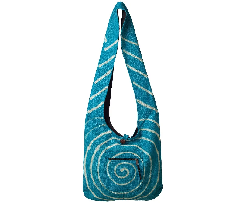 Spiral Shoulder Bag, Teal Cotton Tote Bag, Wood Button Closure, Front Zipper Pocket