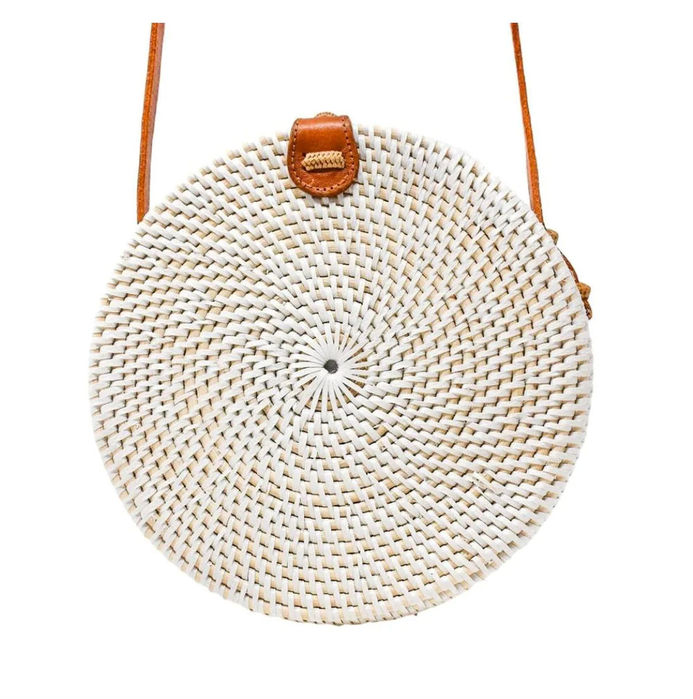 Round Rattan Bag - White