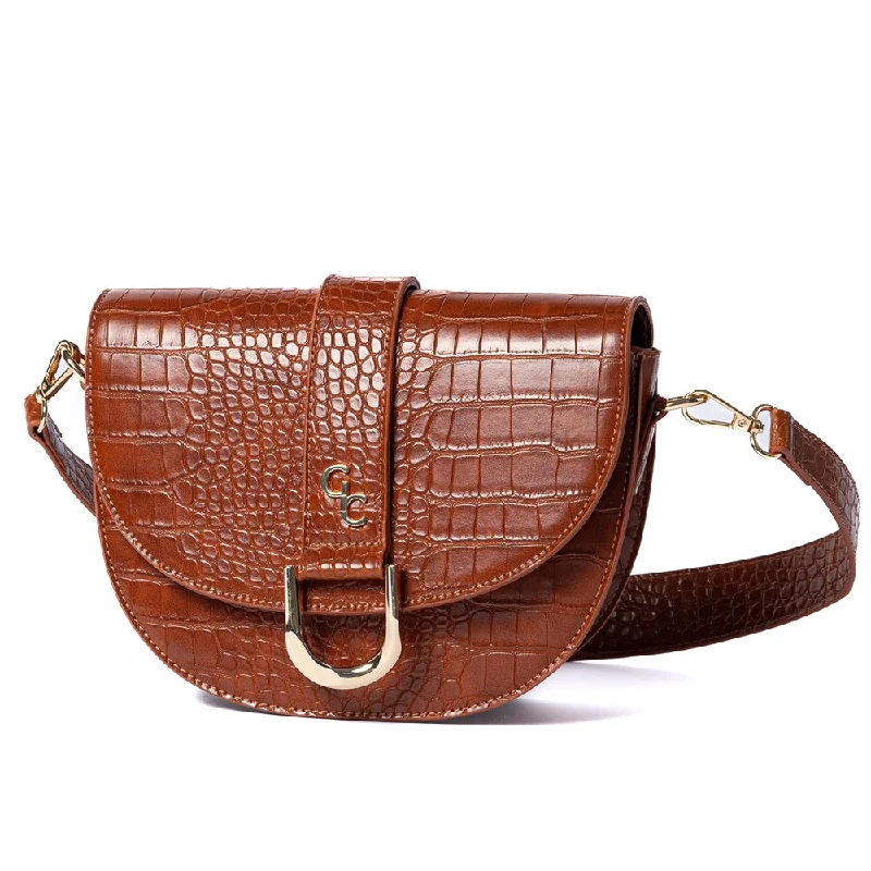 Galway Crystal Fashion Saddle Bag Tan Croc Detail