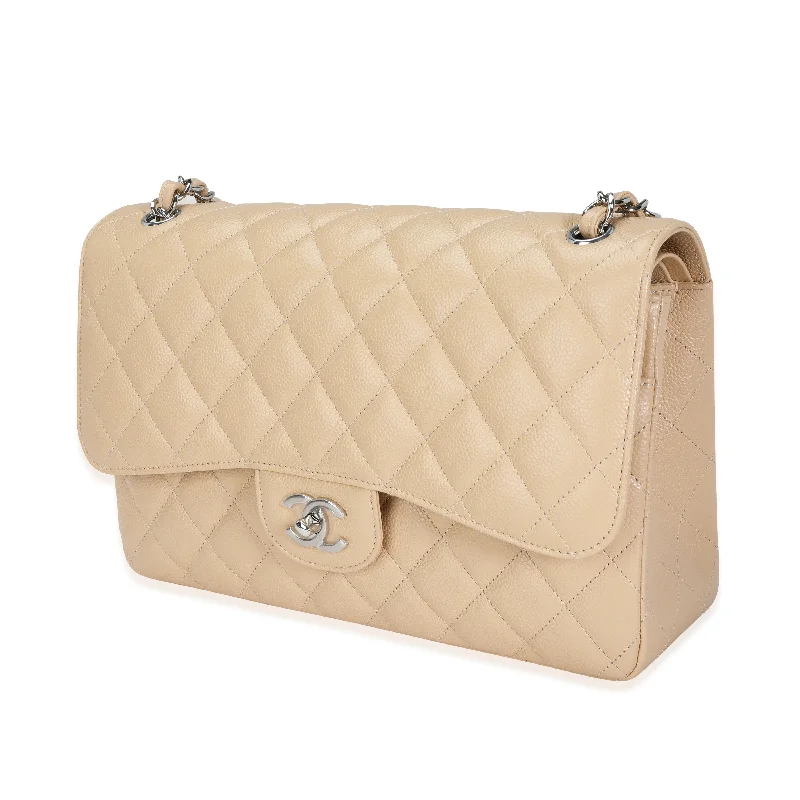 Beige Quilted Caviar Jumbo Classic Double Flap Bag