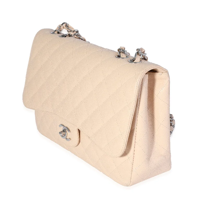 Beige Quilted Caviar Jumbo Classic Single Flap Bag