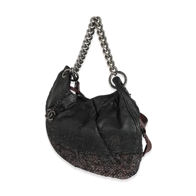 Black Tweed Leather Coco Pleats Hobo