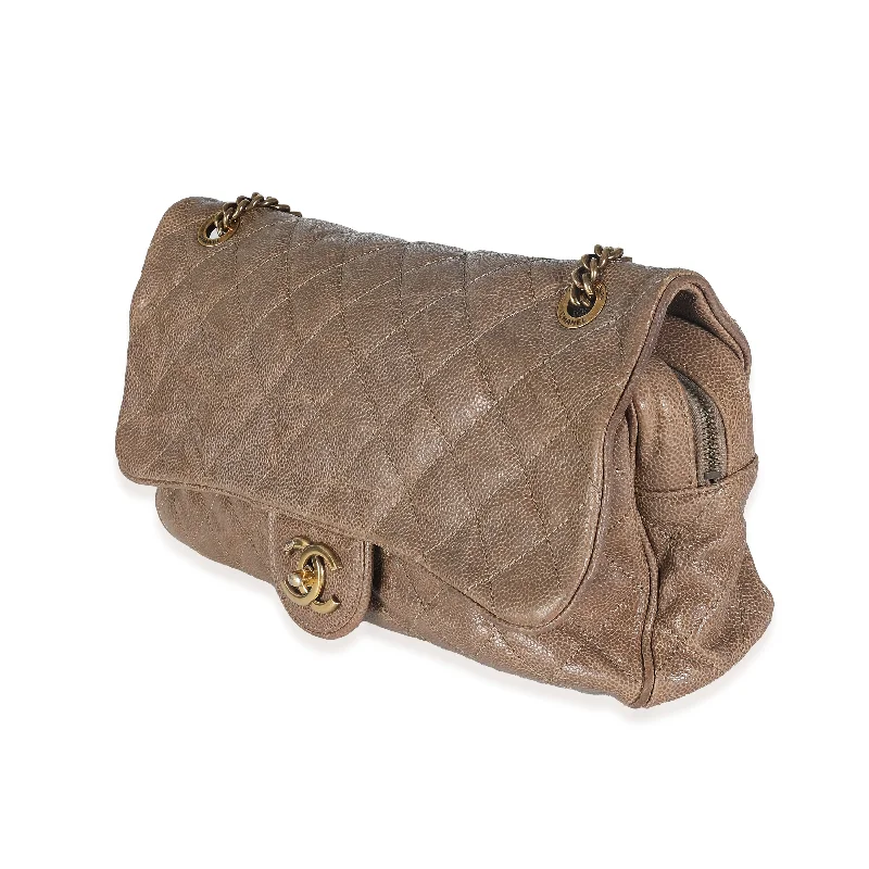 Brown Quilted Glazed Caviar Large Shiva Flap Bag