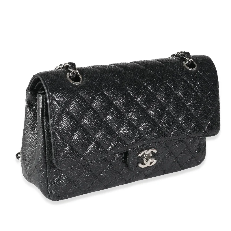 Black Quilted Caviar Medium Classic Double Flap Bag