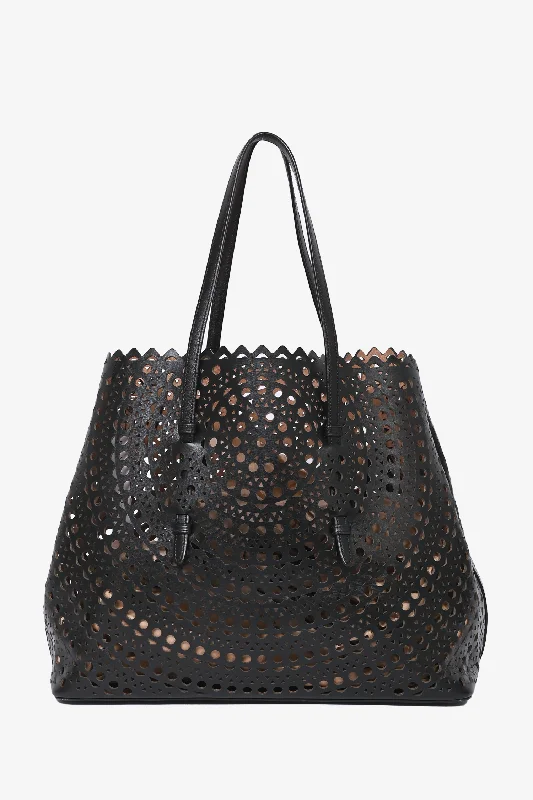 Alaia Paris Black Leather Laser Cut Tote with Pouch