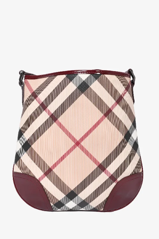 Burberry Beige Check Messenger Bag with Burgundy Patent Leather Trim