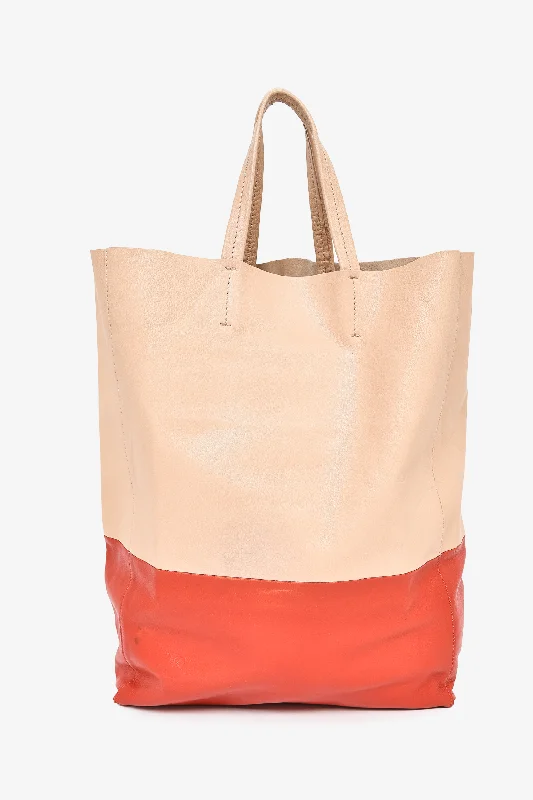 Celine Beige/Red Leather Vertical Cabas Tote AS IS