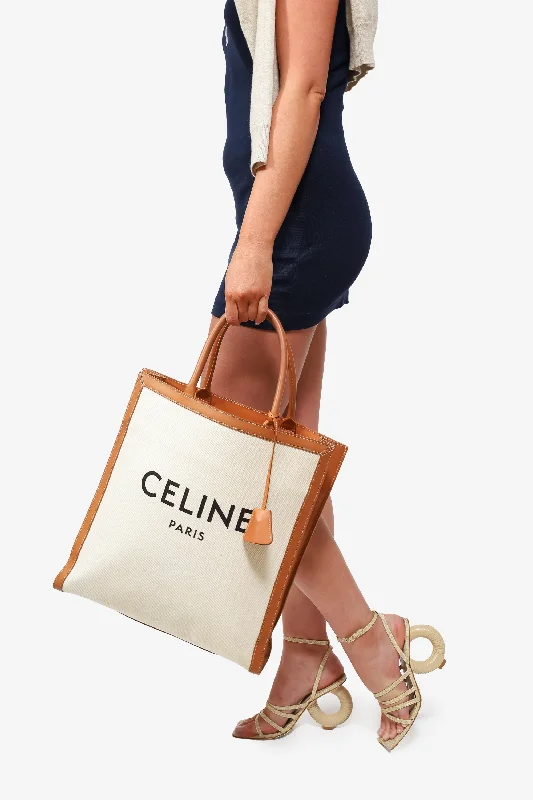 Celine Brown/Beige Canvas Vertical Cabas Logo Tote