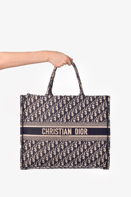 Christian Dior 2018 Blue Oblique Embroidery Book Tote with Schoen/Beautiful Embroidery