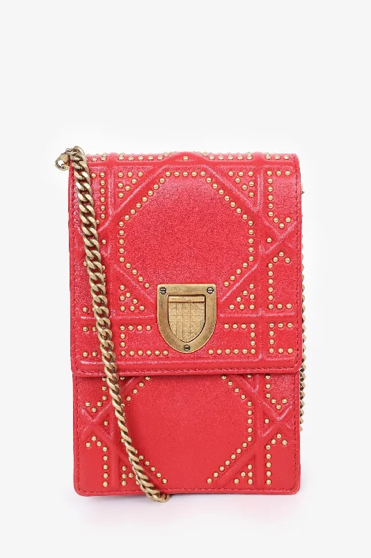 Christian Dior Red Leather Studded Diorama Vertical Crossbody Bag