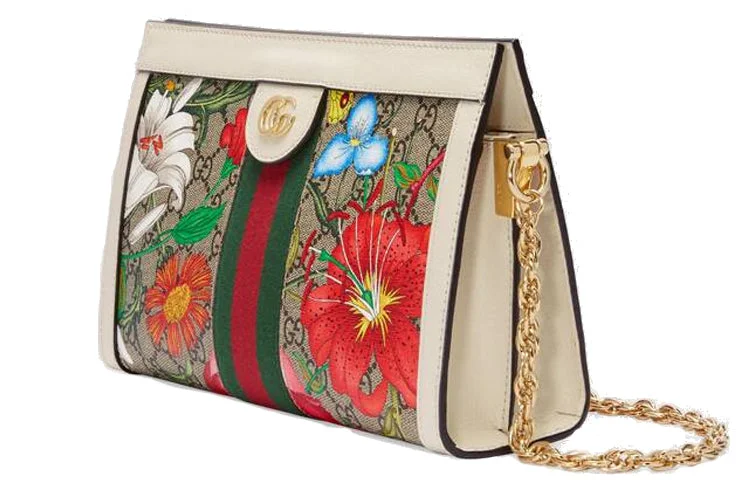 (WMNS) GUCCI Ophidia Flowers Printing Logo Stripe Webbing Canvas Chain Shoulder Messenger Bag Small / White / Multi-Color 503877-HV8AC-9759