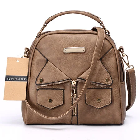 AnnaMouler Double Zipper PU Leather Handbag Khaki