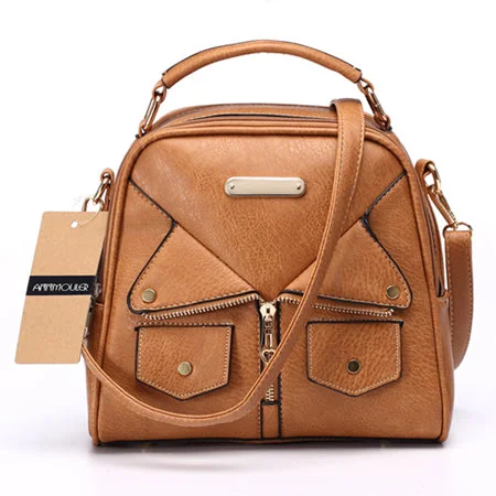 AnnaMouler Double Zipper PU Leather Handbag Light Brown