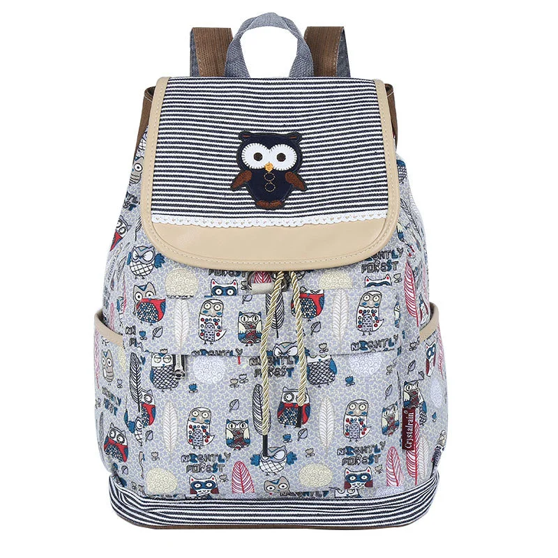 AnnaMouler New Design Owl Print Backpack Light Grey