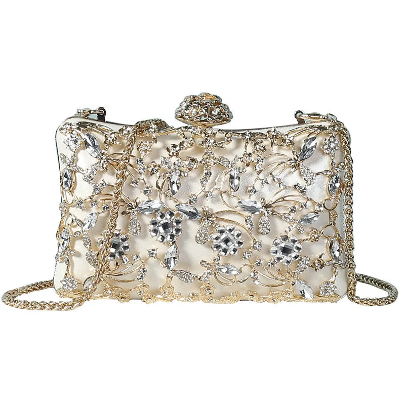 Bridal Metal Clutch Floral Bag Women Crystal Gold Evening Bag Wedding Party Handbags Purse Lady Diamond Rhinestone Clutches