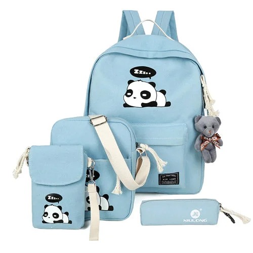 Casual Canvas Cartoon Backpack Set Light Blue