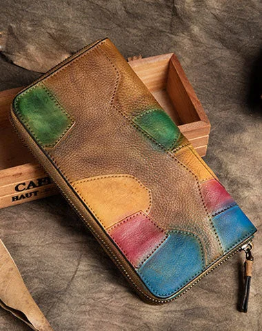 Handmade Long Leather Wallet Stitching Contrast Color Vintage Wallet Zipper Clucth Purse For Men Women