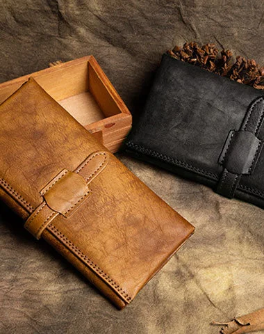 Handmade Long Leather Wallet Trifold Vintage Brown Wallet For Men Women