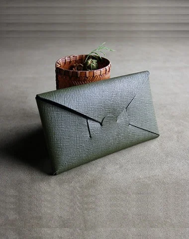 Cute Womens Dark Green Leather Envelope Wallet Slim Clutch Purse Checkbook Long Wallet for Women