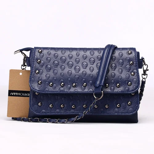 Fashionable PU Leather Rivet Skull Handbag Blue