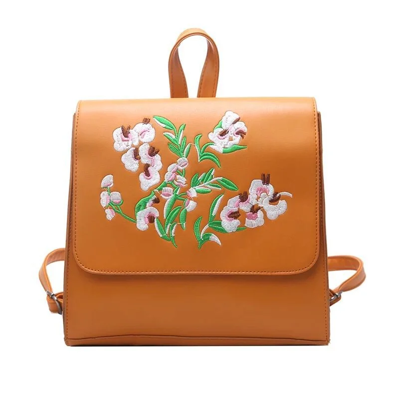 Floral Embroidery Style Women Backpack Light Brown