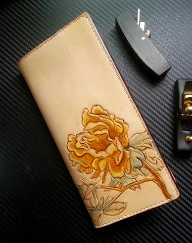 Handmade women leather wallet vintage hand carved tree peony leather long wallet for women