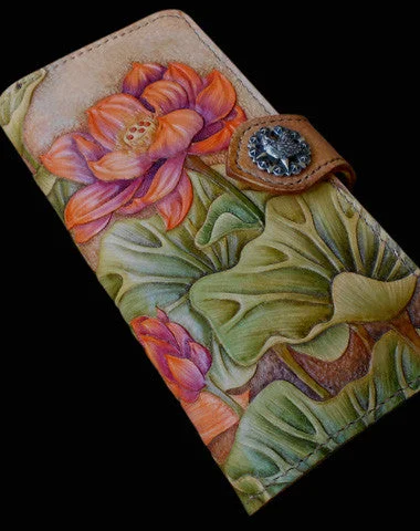 Handcraft vintage hand painting lotus flower leather long wallet for women