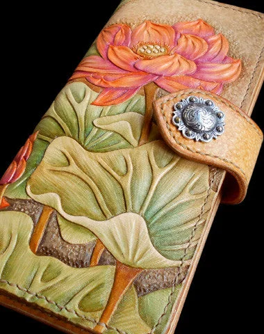 Handcraft vintage hand painting lotus flower leather long wallet for women