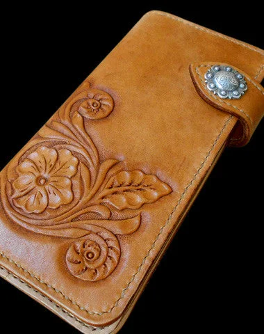 Handcraft vintage handmade carved floral leather long wallet for women ladys