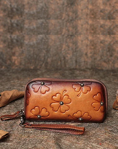 Handmade Brown Womens Clover Leather Long Wallet Zipper Clutch Wristlet Wallet for Women