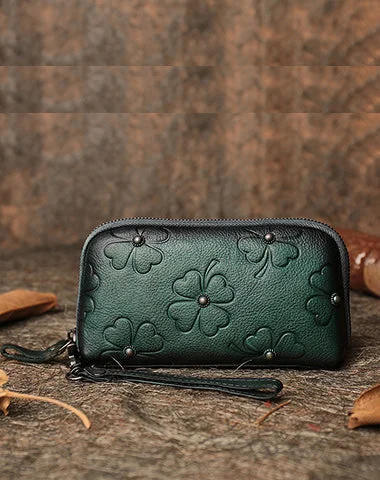 Handmade Green Womens Clover Leather Long Wallet Zipper Clutch Wristlet Wallet for Women