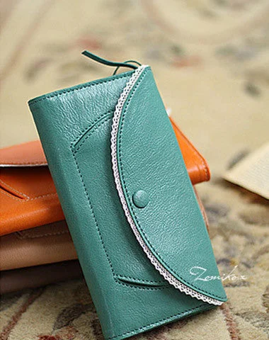 Handmade vintage sweet cute lace leather long bifold wallet for women/lady