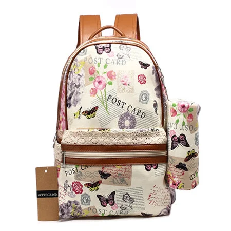 Ladies Fashion Backpack with Pen Bag Case Beige