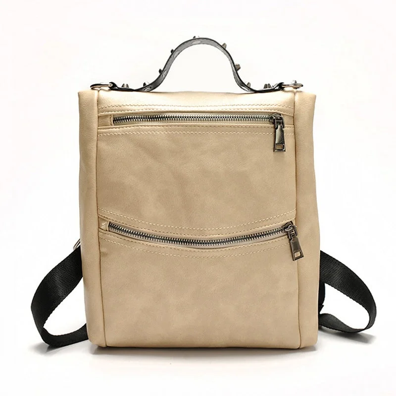 New Fashion Double Zipper Leather Backpack Beige