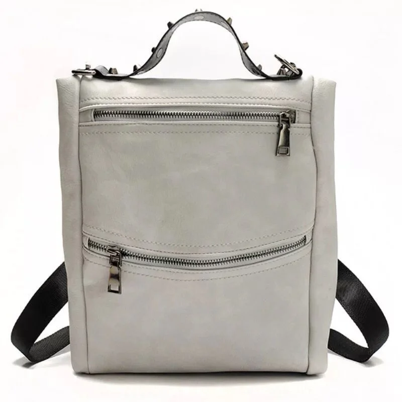 New Fashion Double Zipper Leather Backpack Grey