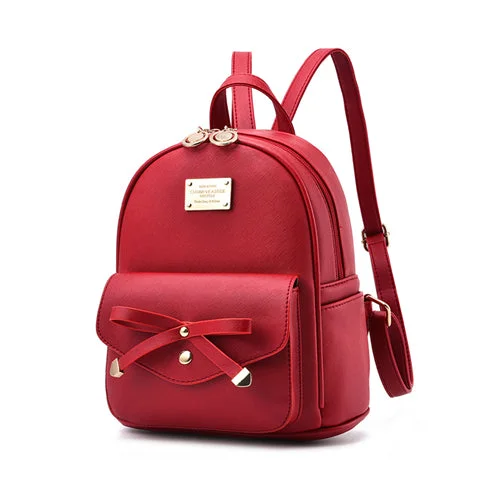 PU Leather Backpack for Teens with Ribbon Red