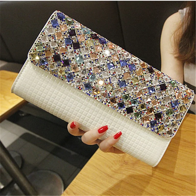 QIAOBAO 2019 Newest Bridal diamond beaded clutch bag evening bag patent leather bag shoulder Rhinestone bag